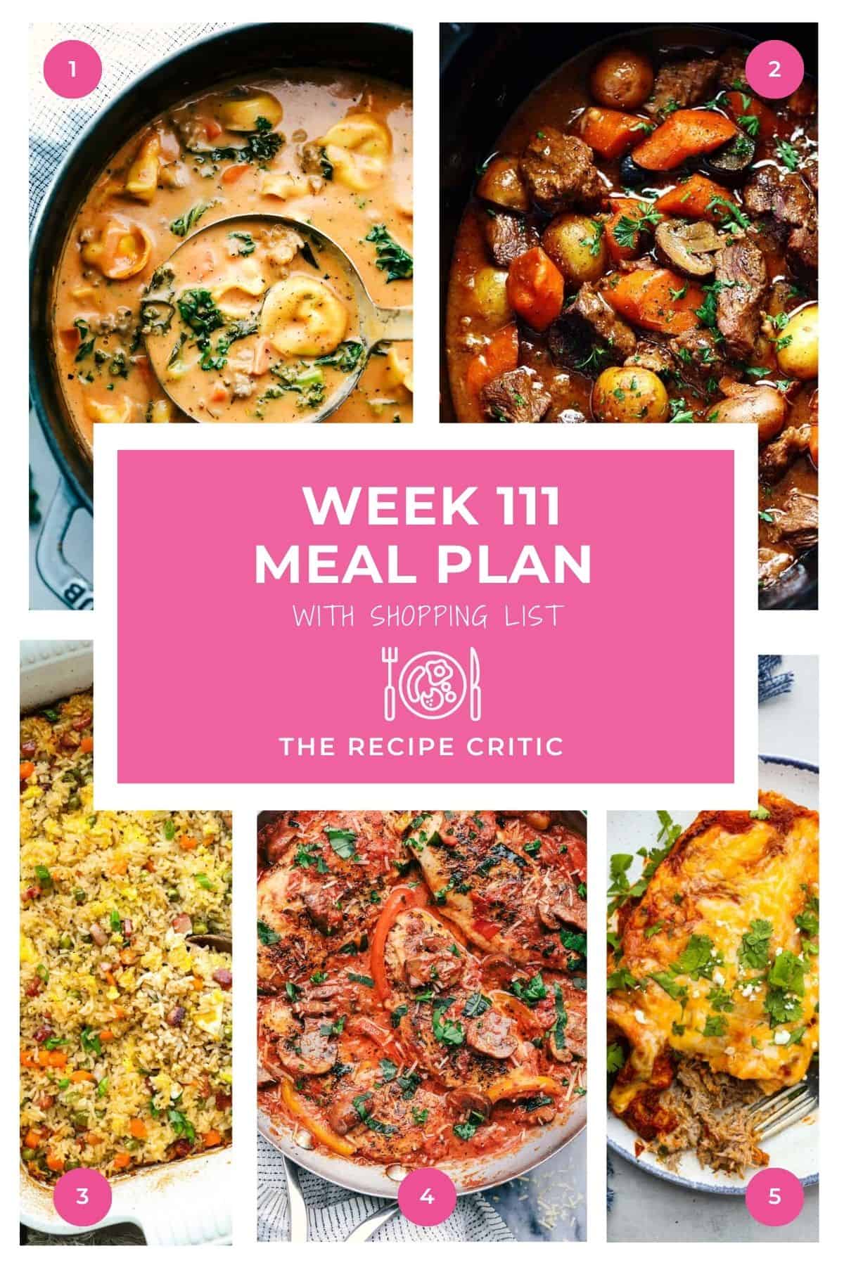 This week's meal plan is all about easy dinners and BIG flavor! We've got creamy tortellini soup, a cozy slow cooker favorite, the easiest fried rice, and two delicious dinners to finish off the week. Five family-friendly meals, one shopping list, and no wondering what's for dinner! Collage of all the hero images from this week's meal plan recipes.